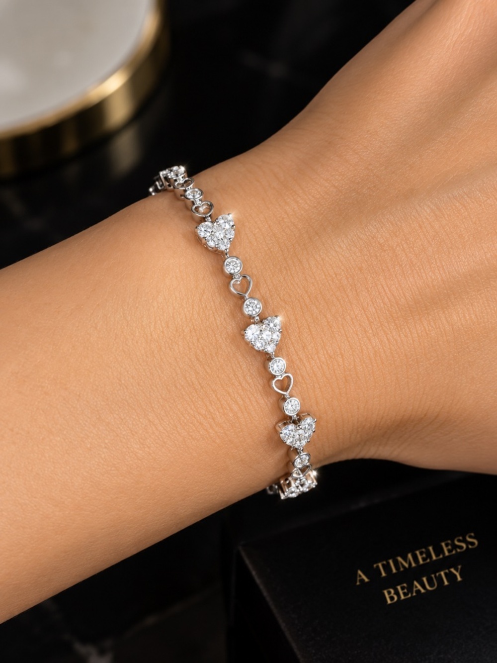 18K White Gold Diamond Cluster Heart Link Tennis Bracelet 7" 8.81g